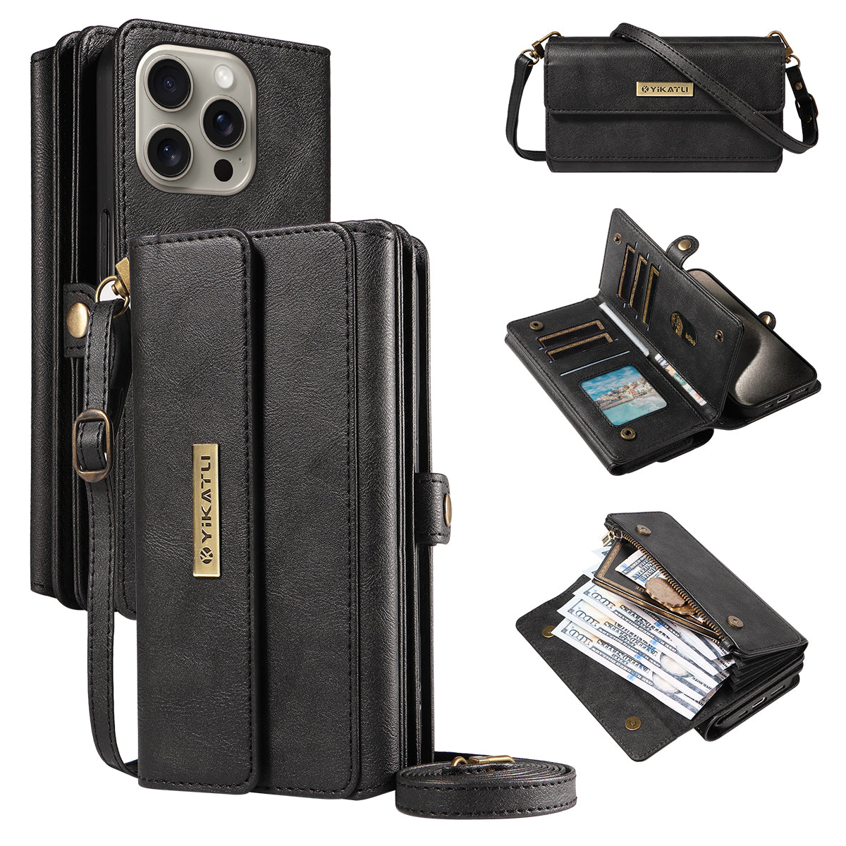 For iPhone 15 Pro Max Case YIKATU YK-008 Zipper Wallet Leather Phone Cover with Shoulder Strap