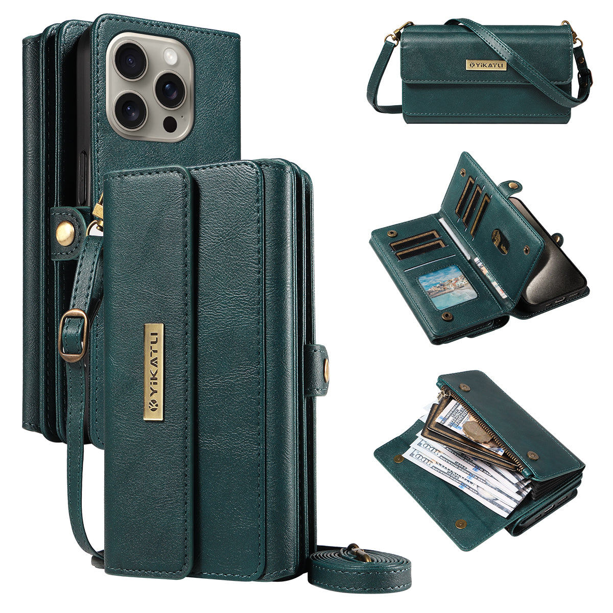 For iPhone 15 Pro Max Case YIKATU YK-008 Zipper Wallet Leather Phone Cover with Shoulder Strap