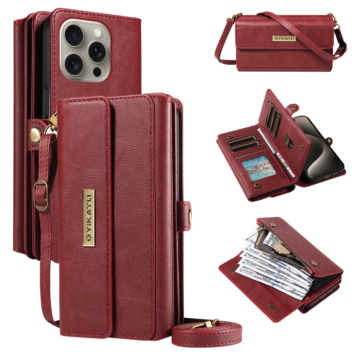 For iPhone 15 Pro Max Case YIKATU YK-008 Zipper Wallet Leather Phone Cover with Shoulder Strap