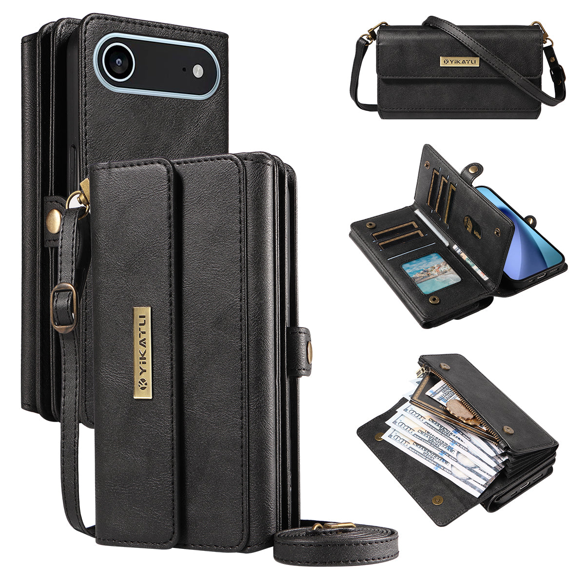 For iPhone Air Case YIKATU YK-008 Zipper Wallet Leather Phone Cover with Shoulder Strap