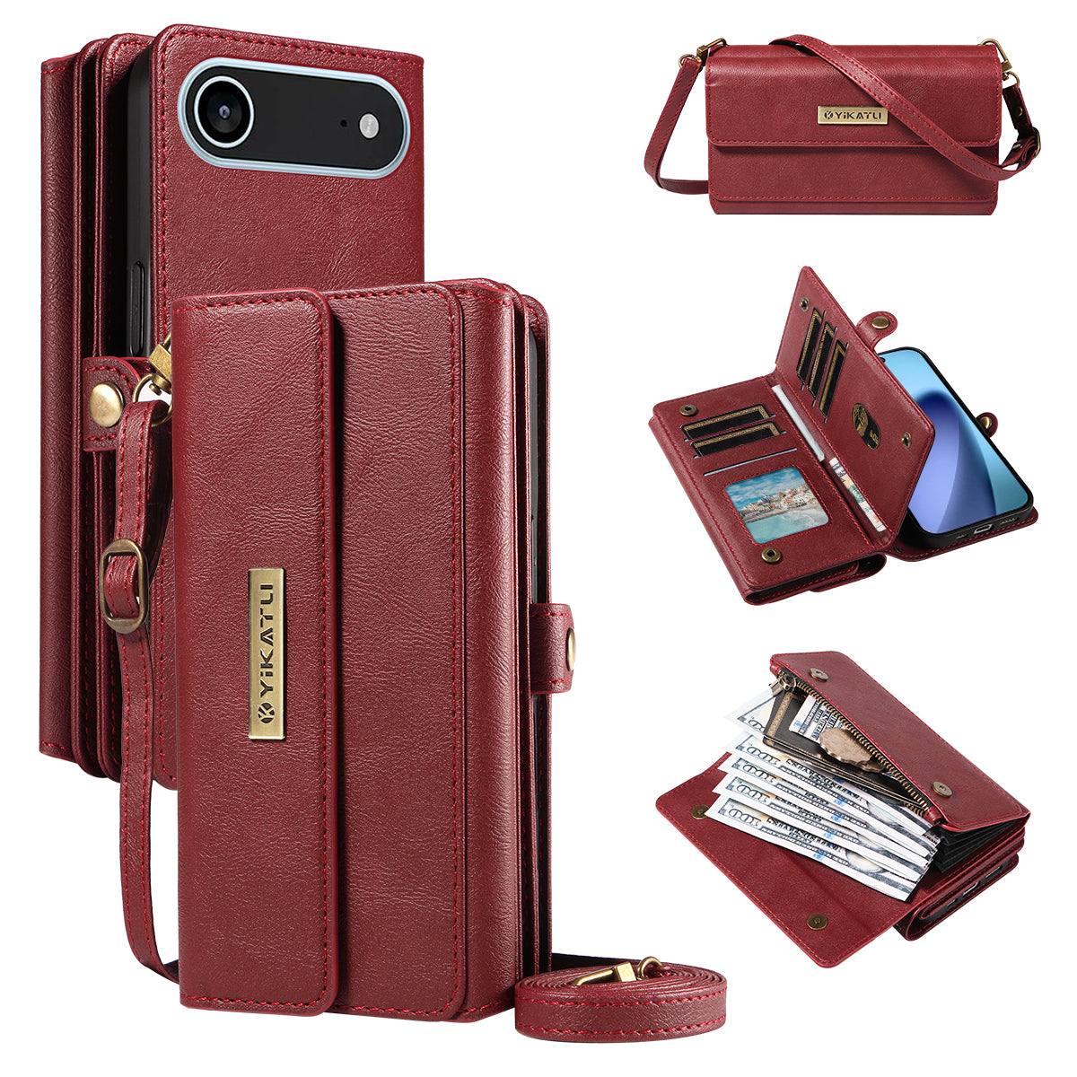 For iPhone Air Case YIKATU YK-008 Zipper Wallet Leather Phone Cover with Shoulder Strap