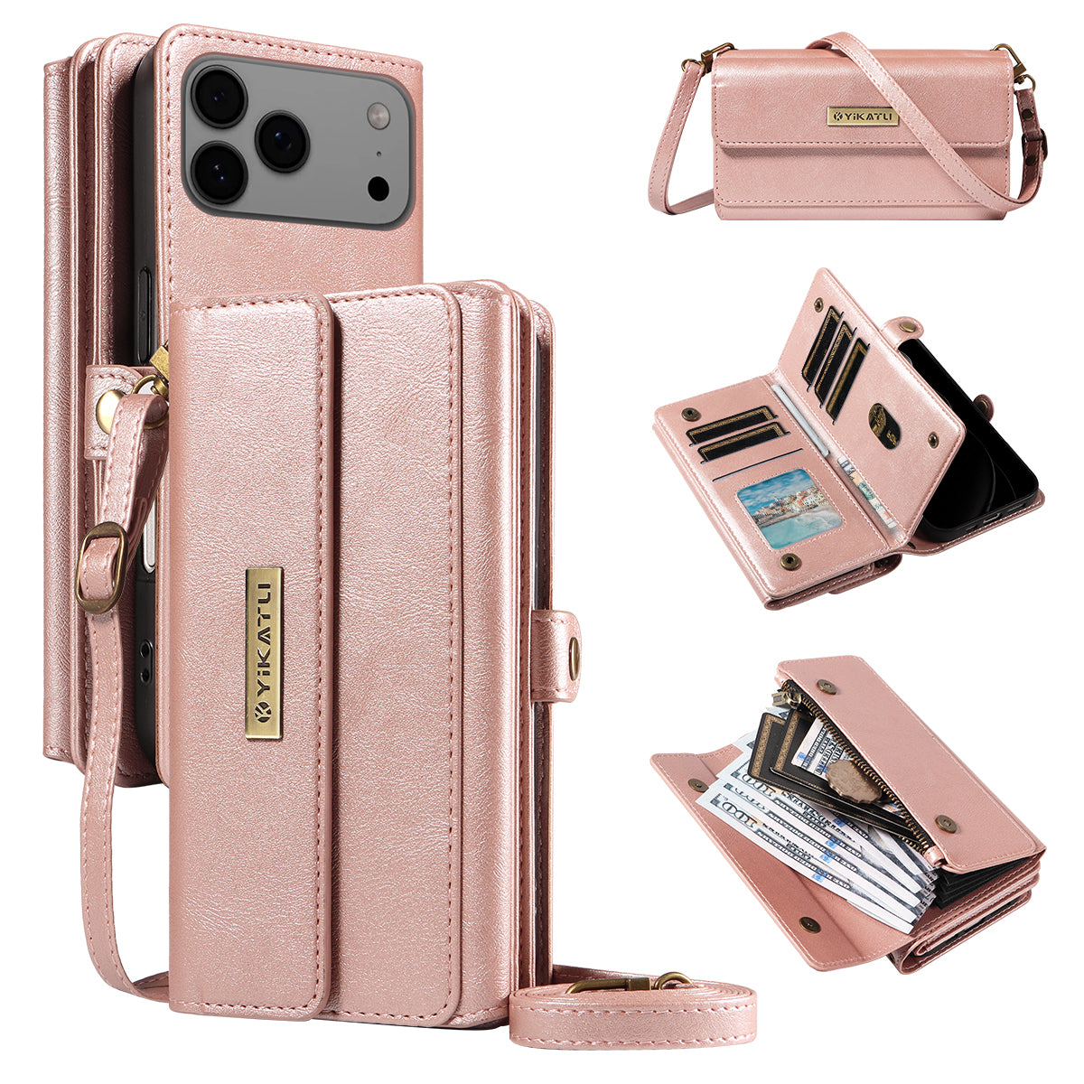 For iPhone 17 Pro Max Case YIKATU YK-008 Zipper Wallet Leather Phone Cover with Shoulder Strap