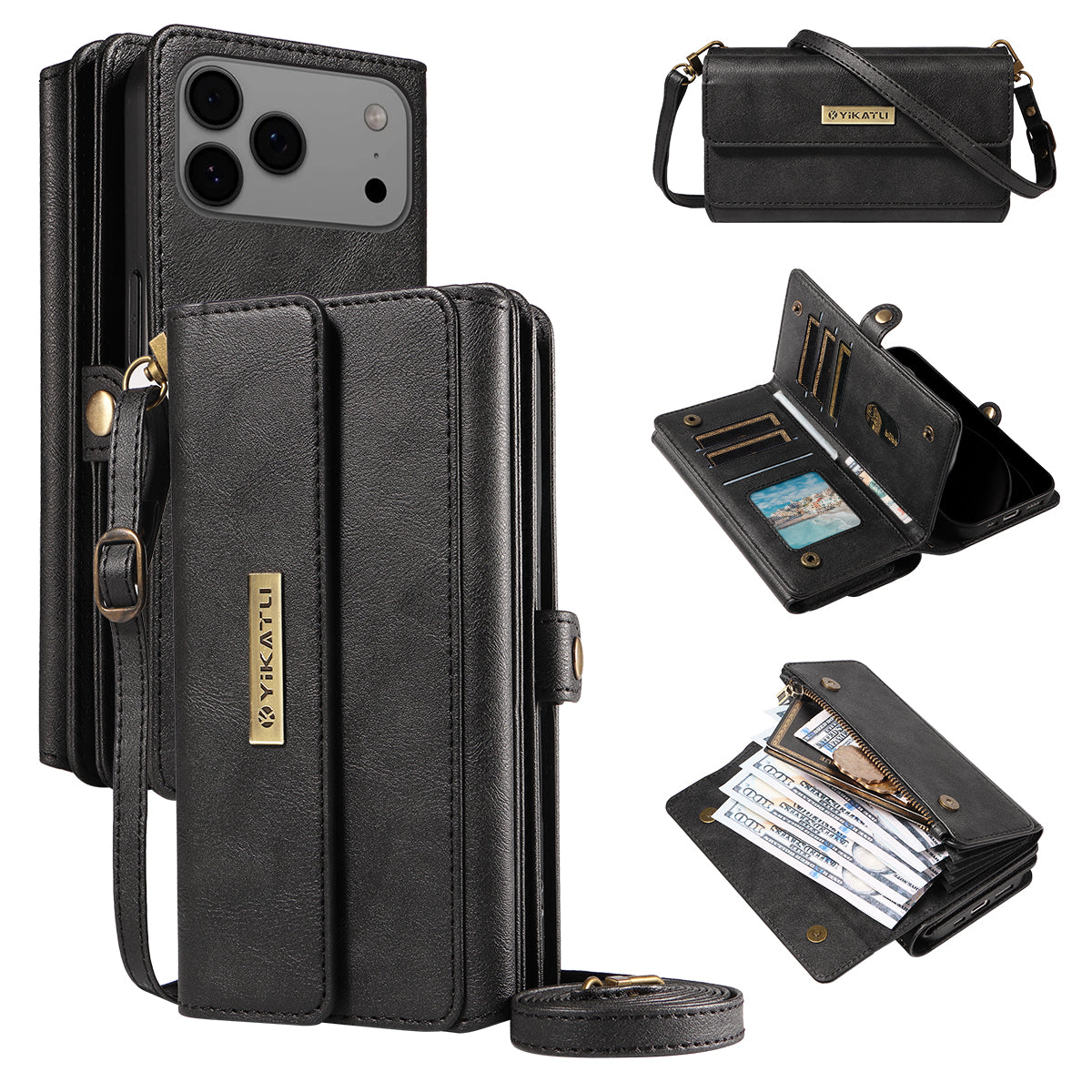 For iPhone 17 Pro Max Case YIKATU YK-008 Zipper Wallet Leather Phone Cover with Shoulder Strap