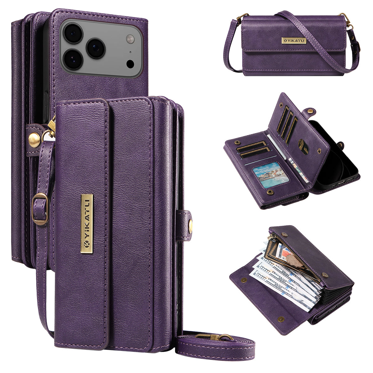 For iPhone 17 Pro Max Case YIKATU YK-008 Zipper Wallet Leather Phone Cover with Shoulder Strap