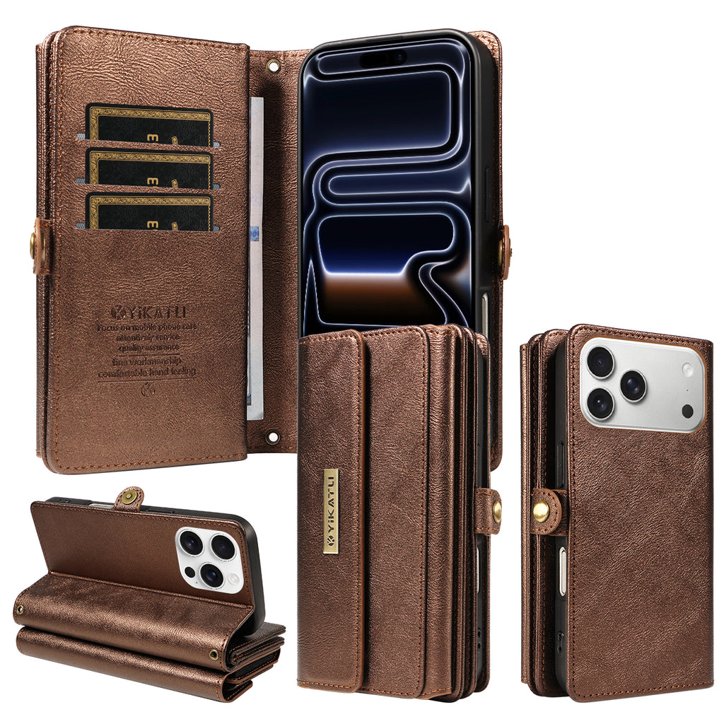 Funda tipo cartera con cremallera YIKATU YK-008 para iPhone 17 Pro Max, de piel, con correa para el hombro.