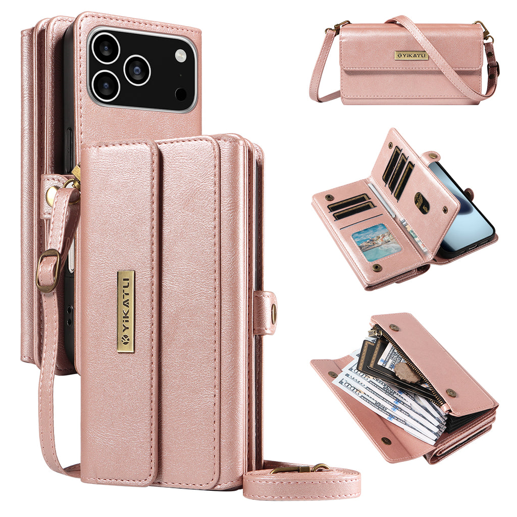 For iPhone 17 Pro Case YIKATU YK-008 Zipper Wallet Leather Phone Cover with Shoulder Strap