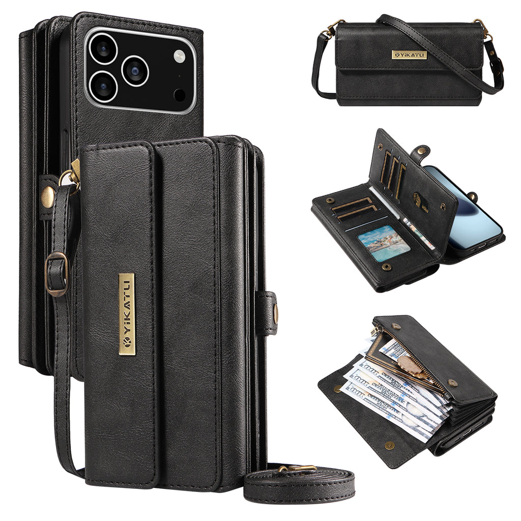 For iPhone 17 Pro Case YIKATU YK-008 Zipper Wallet Leather Phone Cover with Shoulder Strap