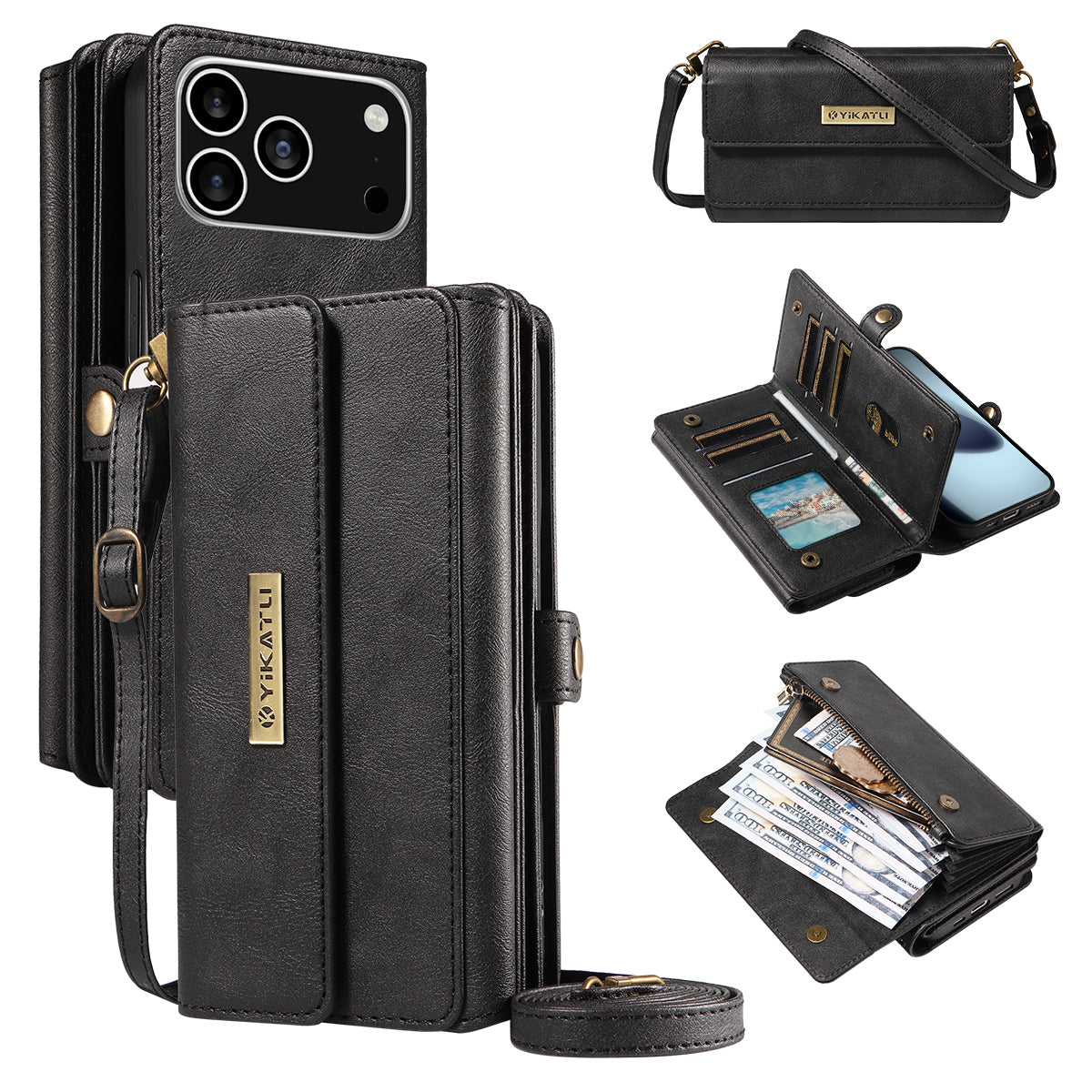 Étui portefeuille zippé en cuir YIKATU YK-008 pour iPhone 17 Pro avec bandoulière