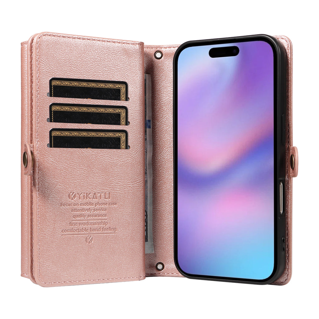 For iPhone 17 Case YIKATU YK-008 Zipper Wallet Leather Phone Cover with Shoulder Strap