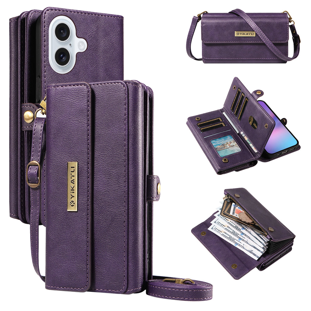 For iPhone 17 Case YIKATU YK-008 Zipper Wallet Leather Phone Cover with Shoulder Strap