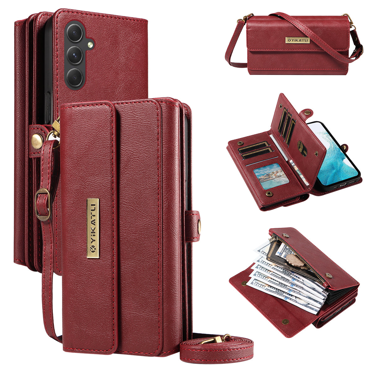 For Samsung Galaxy A54 5G Case YIKATU YK-008 Zipper Wallet Leather Phone Cover with Shoulder Strap