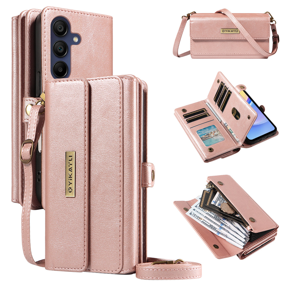 For Samsung Galaxy A15 5G / Galaxy A15 4G Case YIKATU YK-008 Zipper Wallet Leather Phone Cover with Shoulder Strap