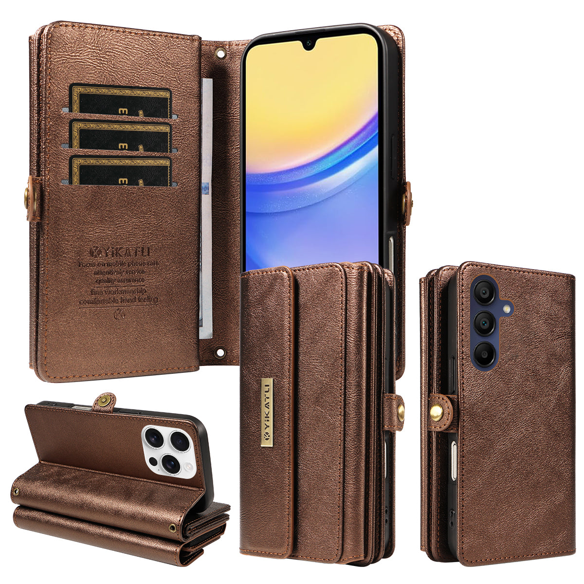 For Samsung Galaxy A15 5G / Galaxy A15 4G Case YIKATU YK-008 Zipper Wallet Leather Phone Cover with Shoulder Strap