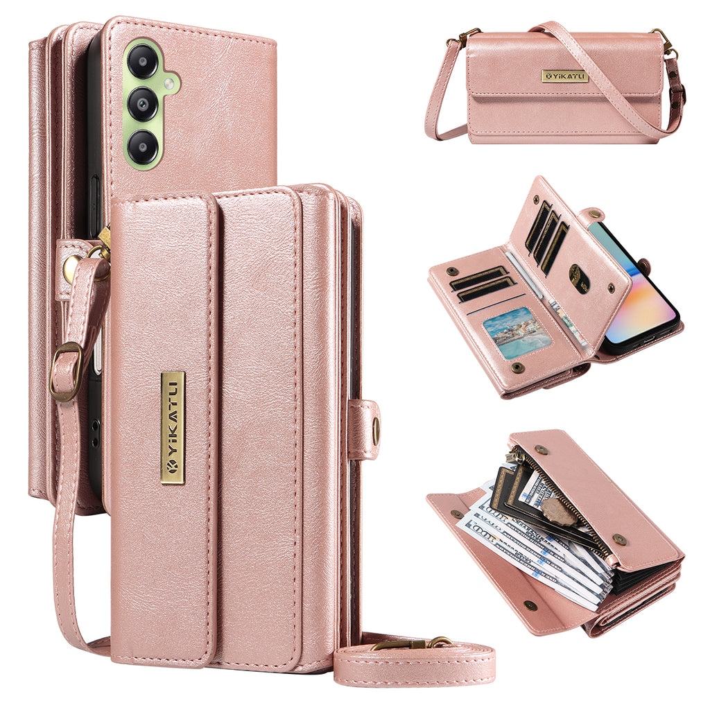For Samsung Galaxy A05s 4G Case YIKATU YK-008 Zipper Wallet Leather Phone Cover with Shoulder Strap