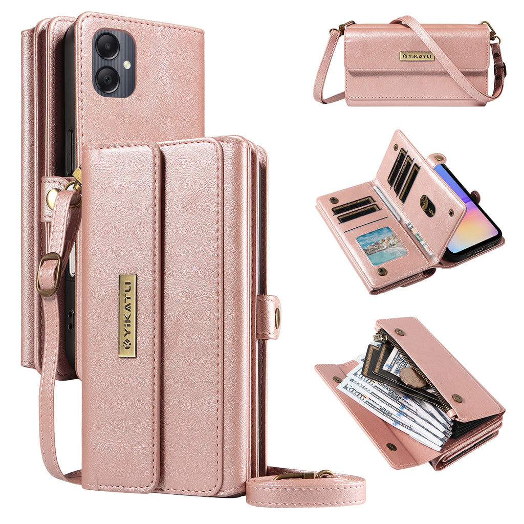 For Samsung Galaxy A05 4G Case YIKATU YK-008 Zipper Wallet Leather Phone Cover with Shoulder Strap