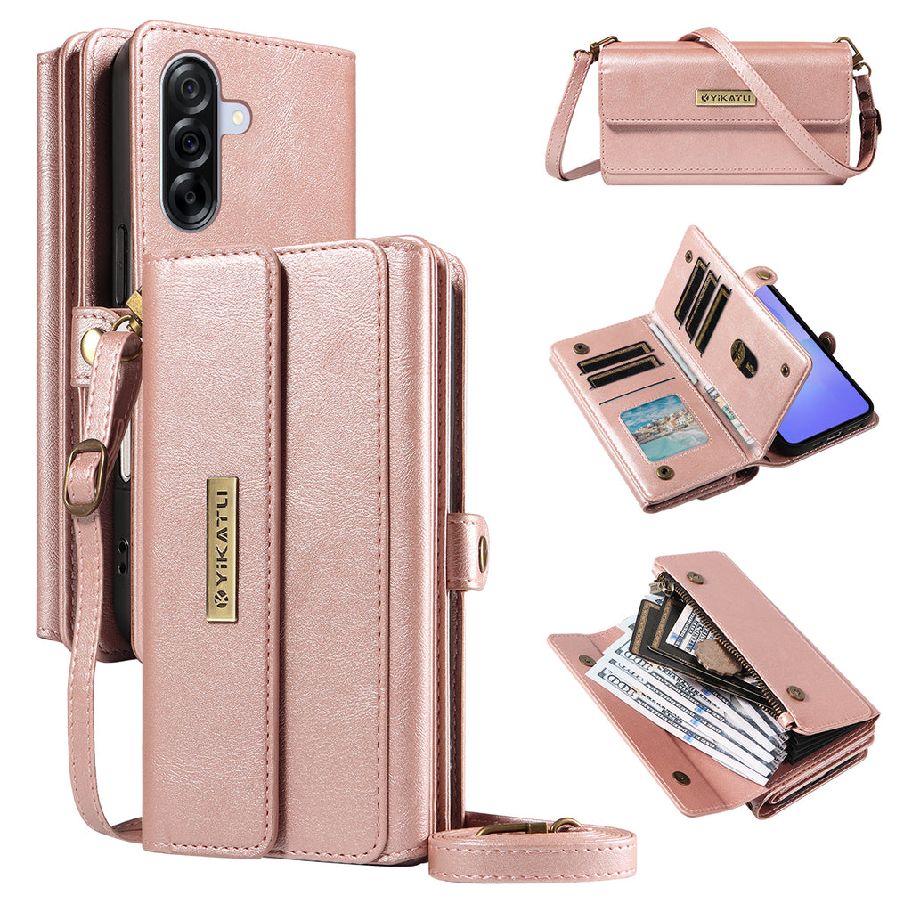 For Samsung Galaxy A36 5G Case YIKATU YK-008 Zipper Wallet Leather Phone Cover with Shoulder Strap