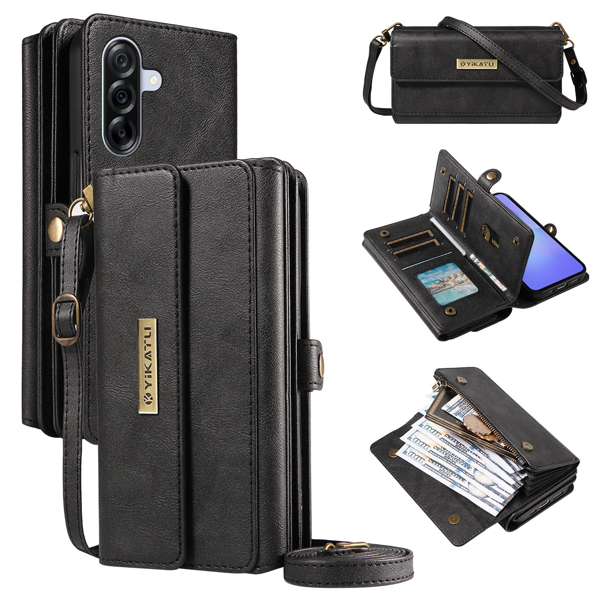 For Samsung Galaxy A36 5G Case YIKATU YK-008 Zipper Wallet Leather Phone Cover with Shoulder Strap