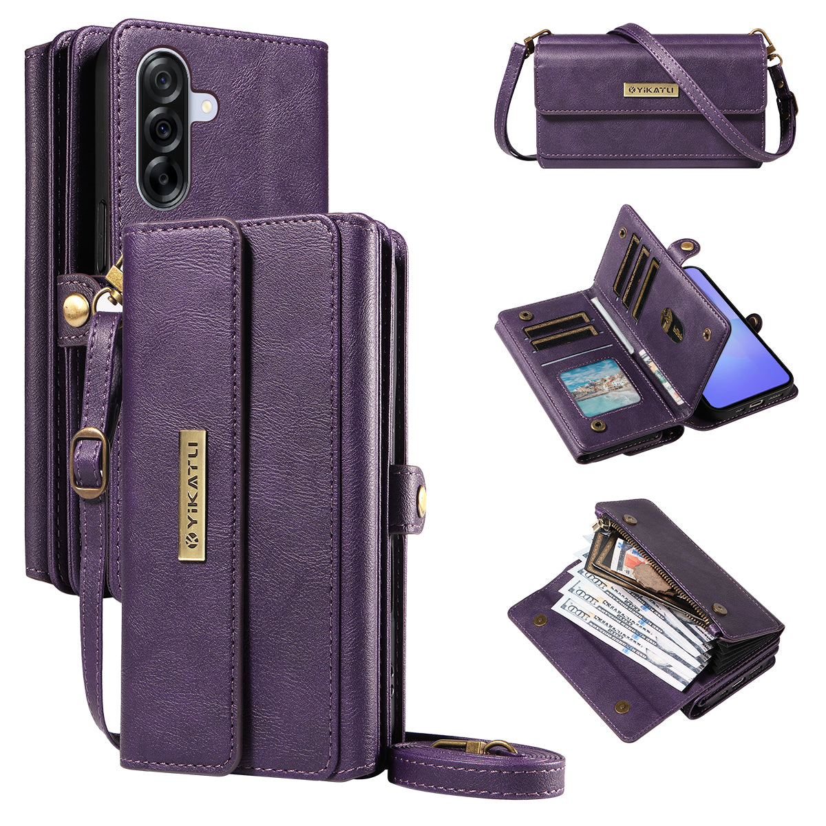 For Samsung Galaxy A36 5G Case YIKATU YK-008 Zipper Wallet Leather Phone Cover with Shoulder Strap