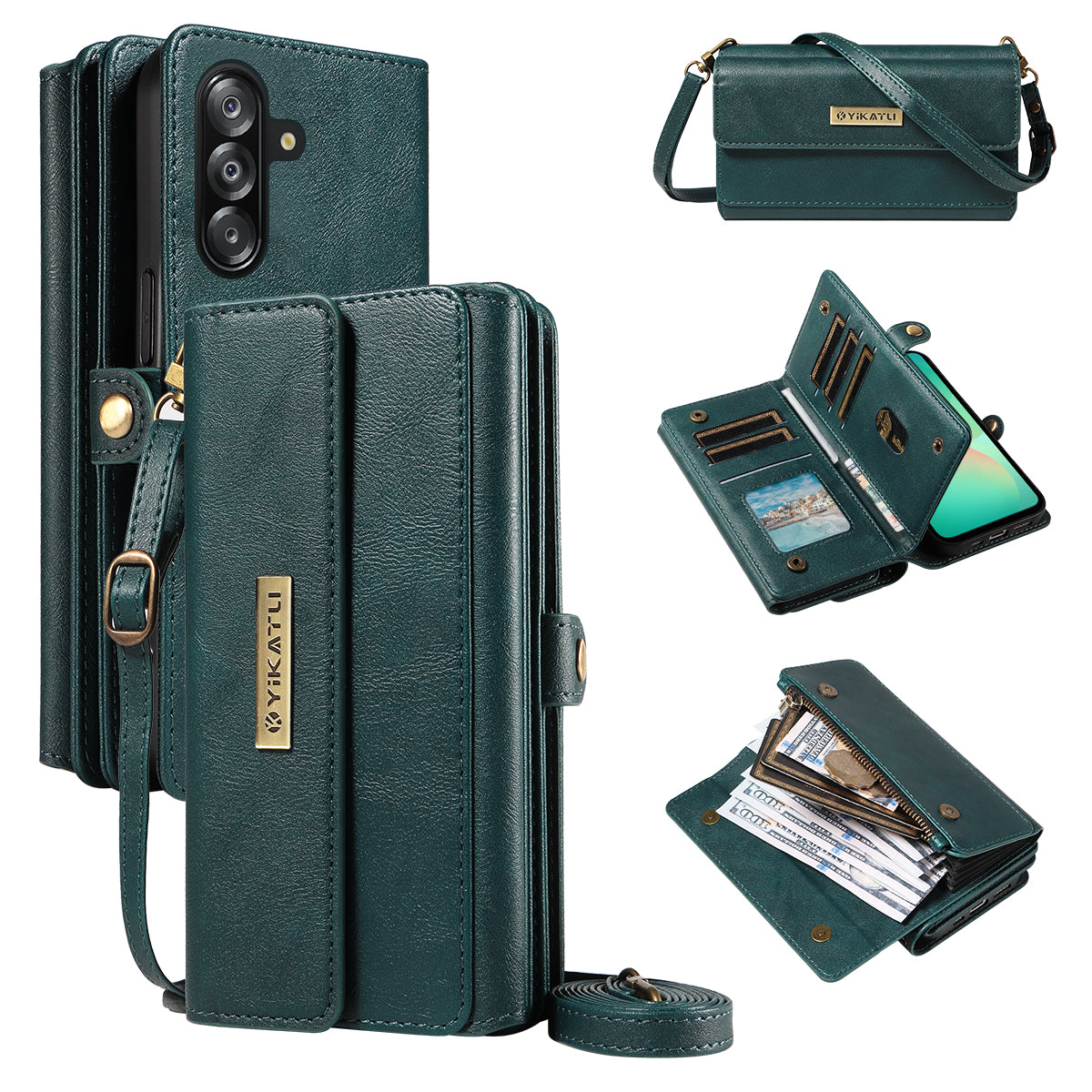 For Samsung Galaxy A16 4G / Galaxy A16 5G / Galaxy A26 5G Case YIKATU YK-008 Zipper Wallet Leather Phone Cover with Shoulder Strap