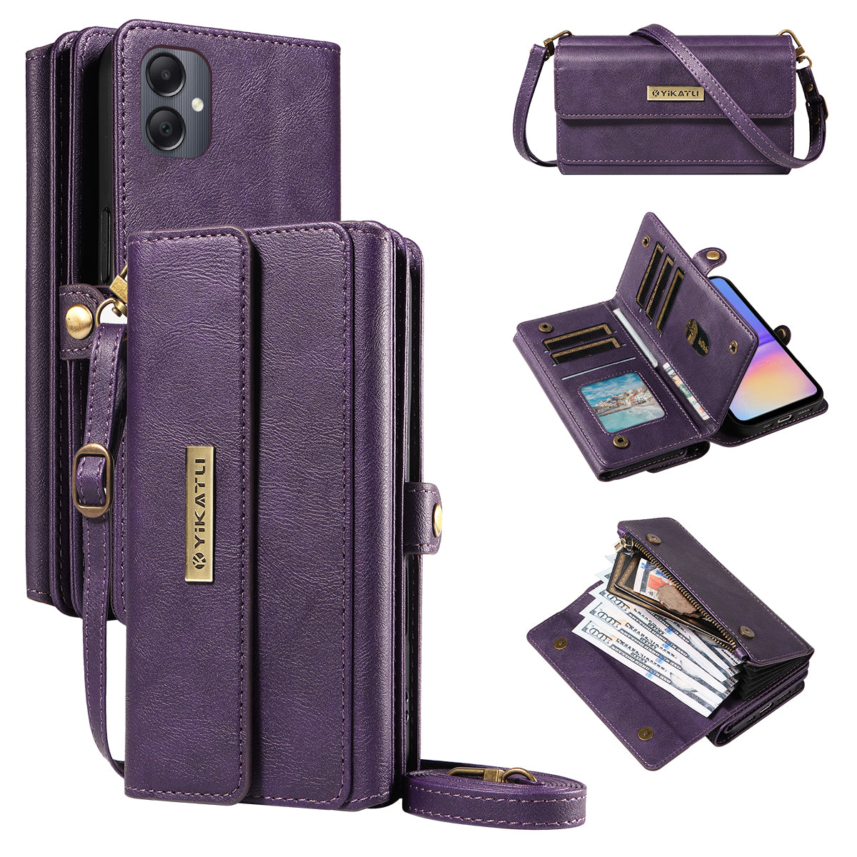 For Samsung Galaxy A07 5G / A06 4G / A06 5G Case YIKATU YK-008 Zipper Wallet Leather Phone Cover with Shoulder Strap