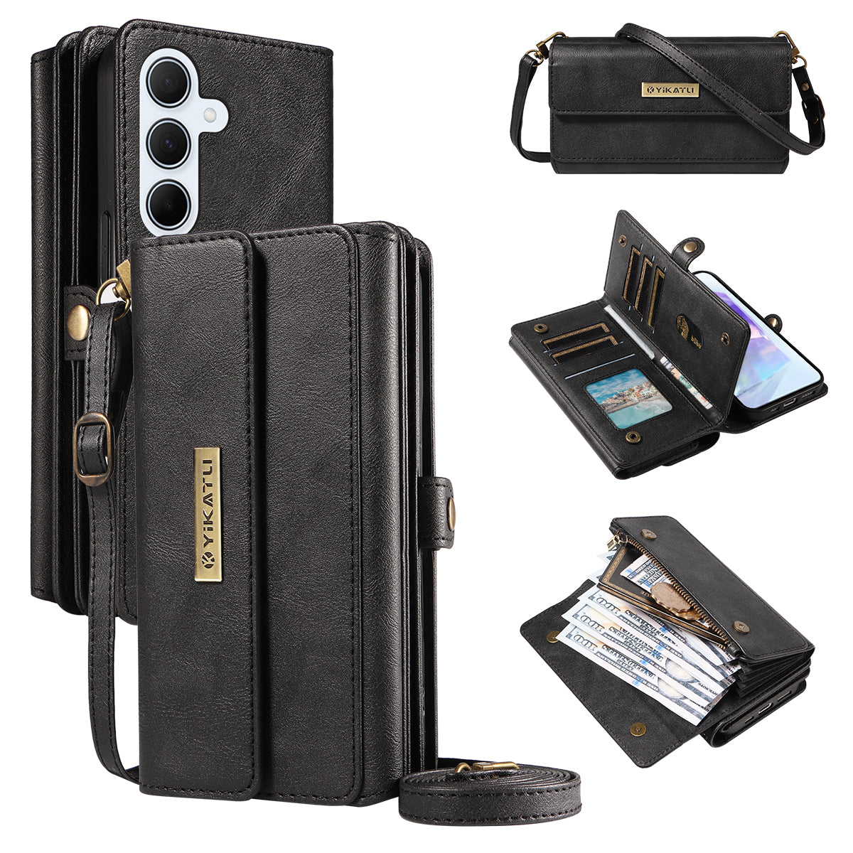 For Samsung Galaxy A55 5G Case YIKATU YK-008 Zipper Wallet Leather Phone Cover with Shoulder Strap