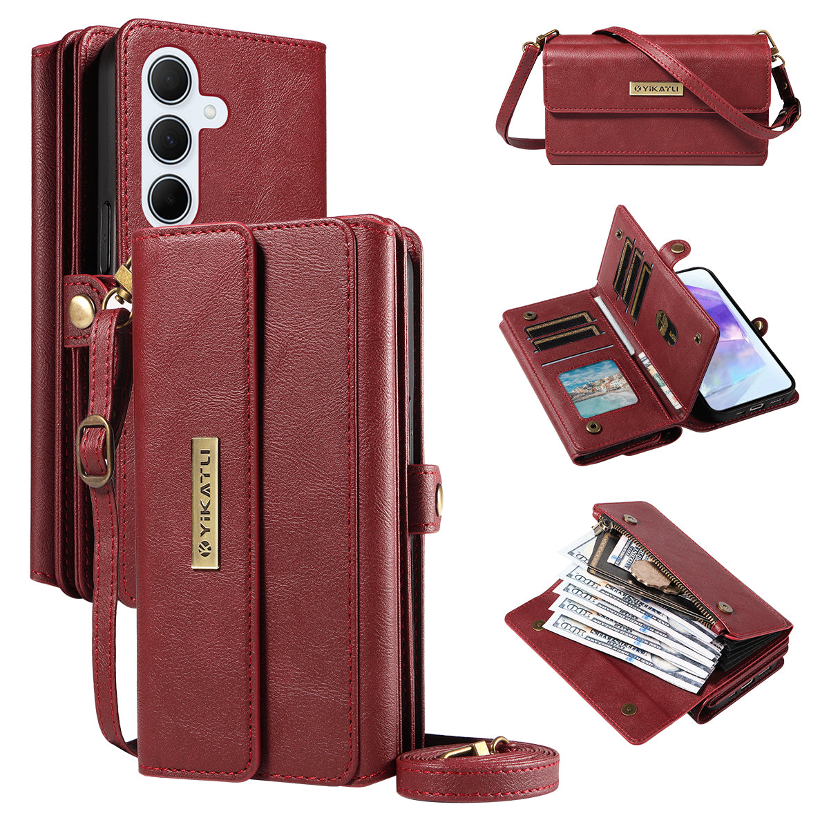 For Samsung Galaxy A55 5G Case YIKATU YK-008 Zipper Wallet Leather Phone Cover with Shoulder Strap