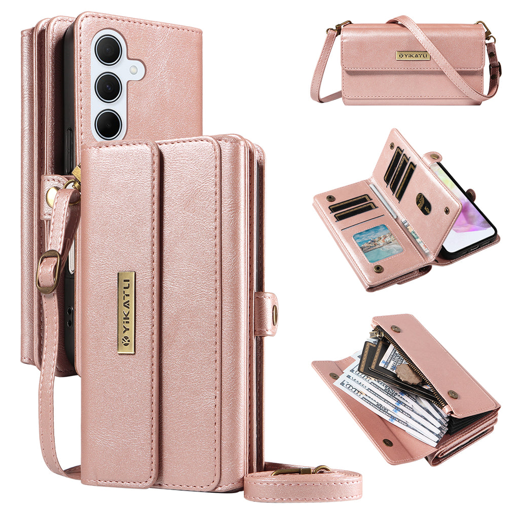 For Samsung Galaxy A35 5G Case YIKATU YK-008 Zipper Wallet Leather Phone Cover with Shoulder Strap