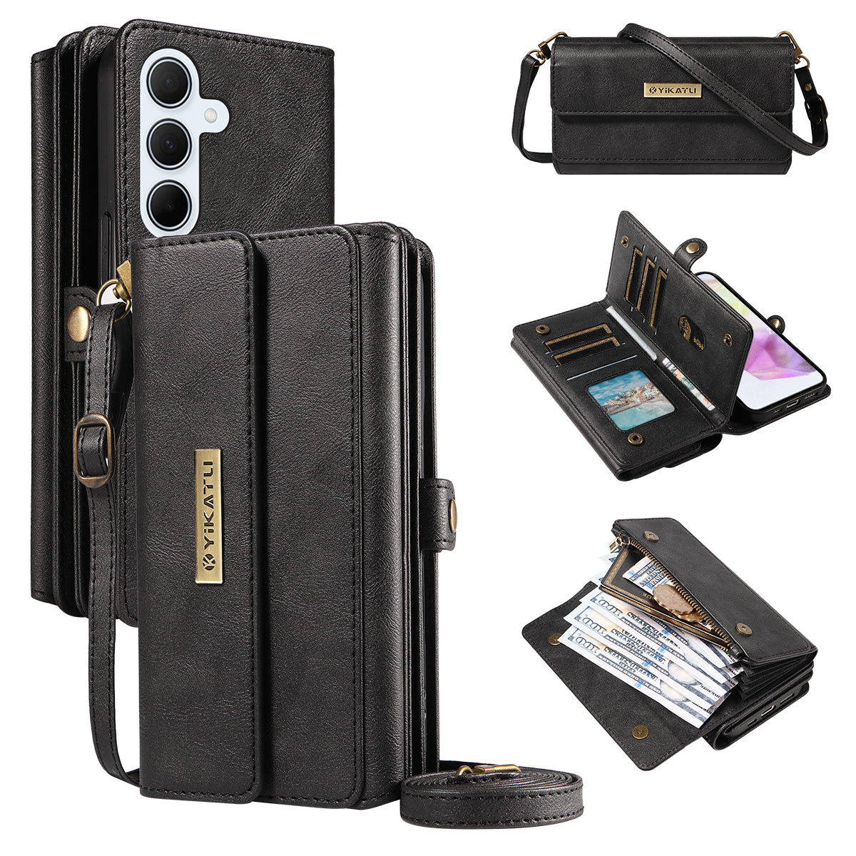 For Samsung Galaxy A35 5G Case YIKATU YK-008 Zipper Wallet Leather Phone Cover with Shoulder Strap