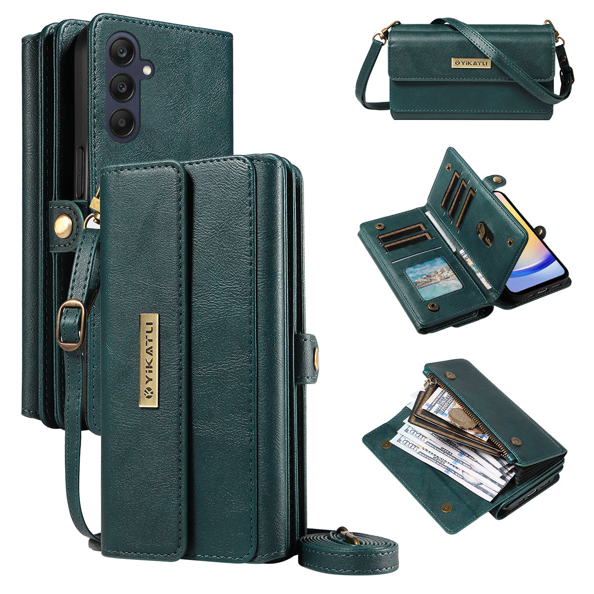 For Samsung Galaxy A25 5G (Global) (161.0 x 76.5 x 8.3mm) Case YIKATU YK-008 Zipper Wallet Leather Phone Cover with Shoulder Strap