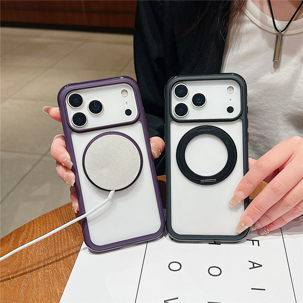 Coque magnétique pour iPhone 17 Pro avec support intégré et protection anti-stress, en TPU et PC transparent.