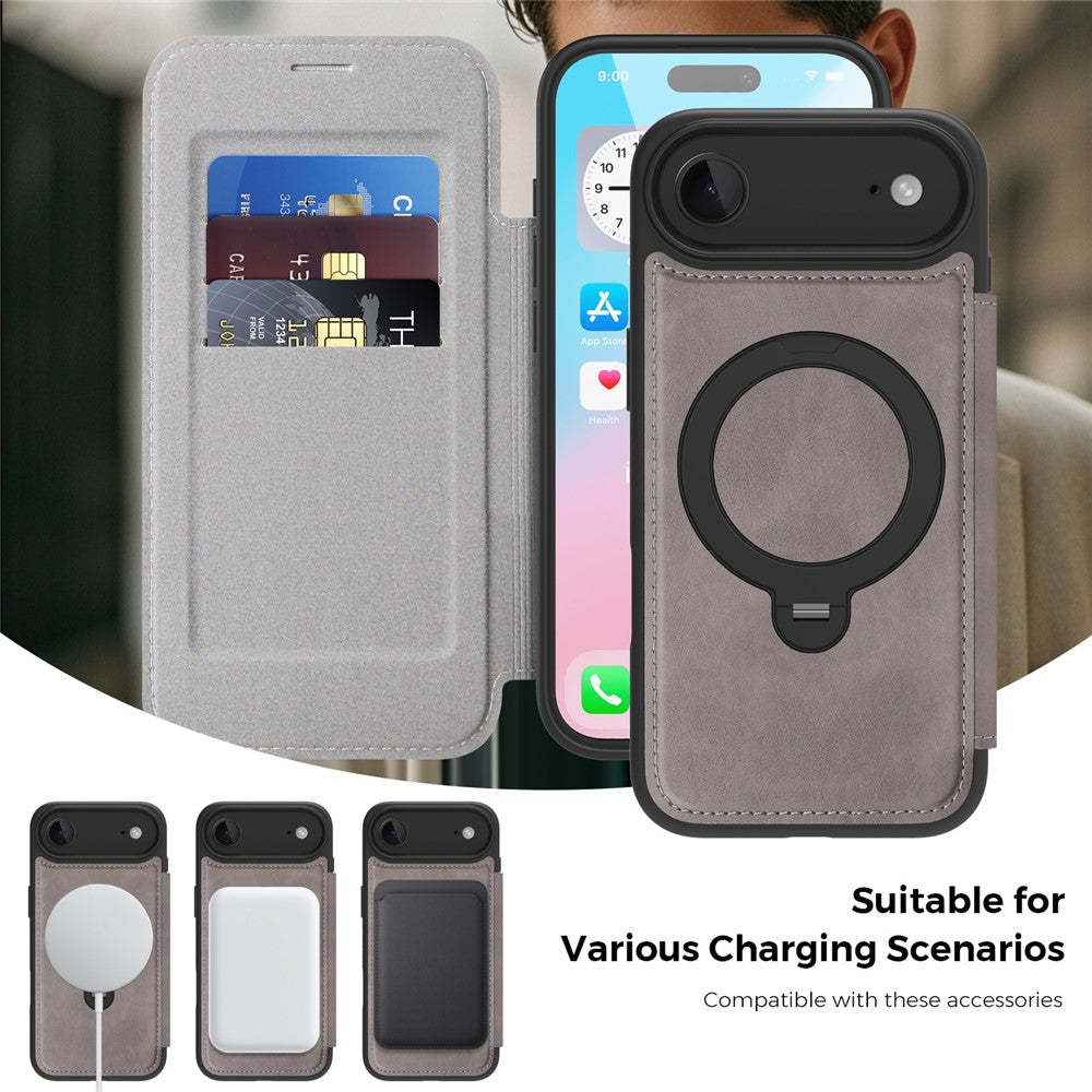 For iPhone Air Case Compatible with MagSafe RFID Blocking Leather Wallet Cover with Rotating Ring Kickstand