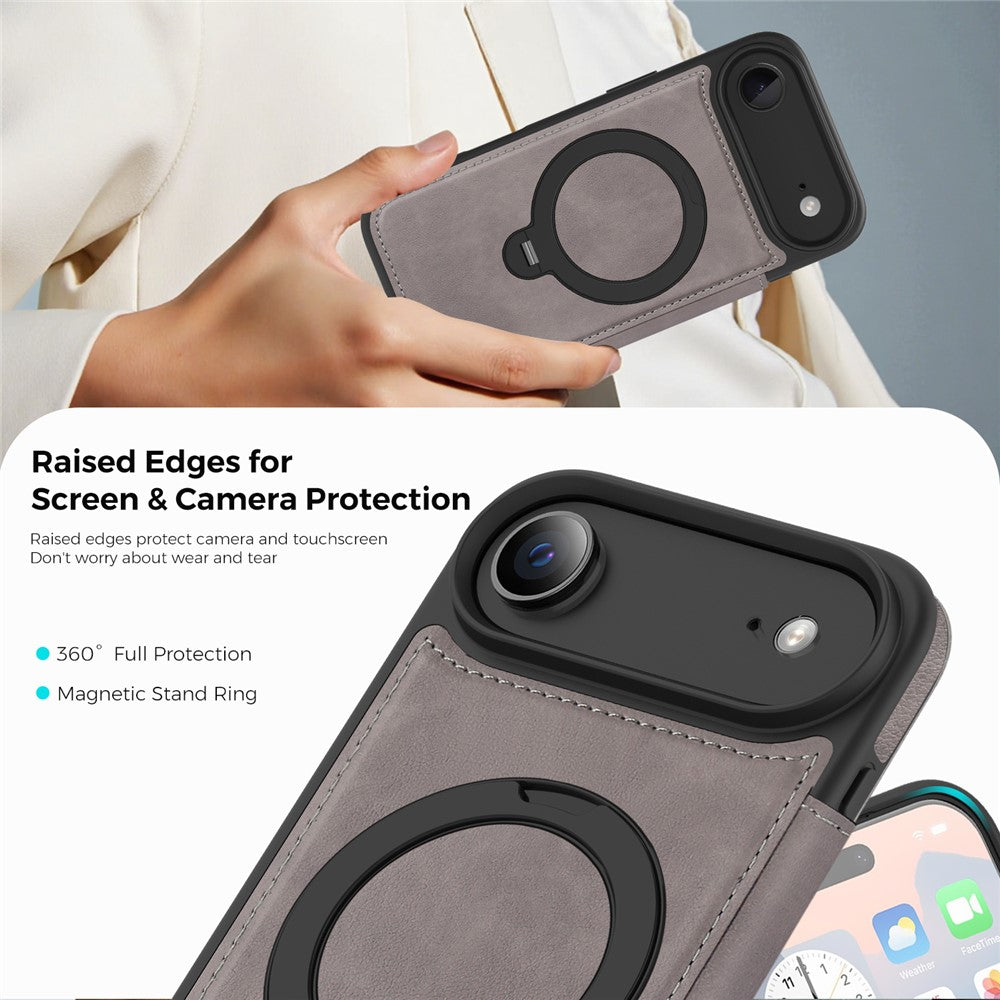 For iPhone Air Case Compatible with MagSafe RFID Blocking Leather Wallet Cover with Rotating Ring Kickstand