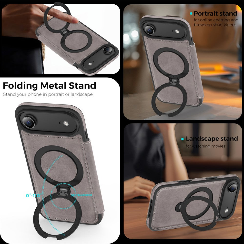 For iPhone Air Case Compatible with MagSafe RFID Blocking Leather Wallet Cover with Rotating Ring Kickstand
