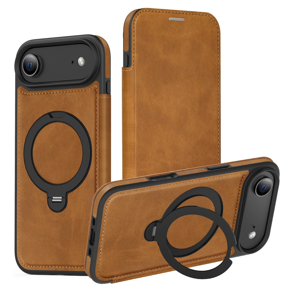 For iPhone Air Case Compatible with MagSafe RFID Blocking Leather Wallet Cover with Rotating Ring Kickstand