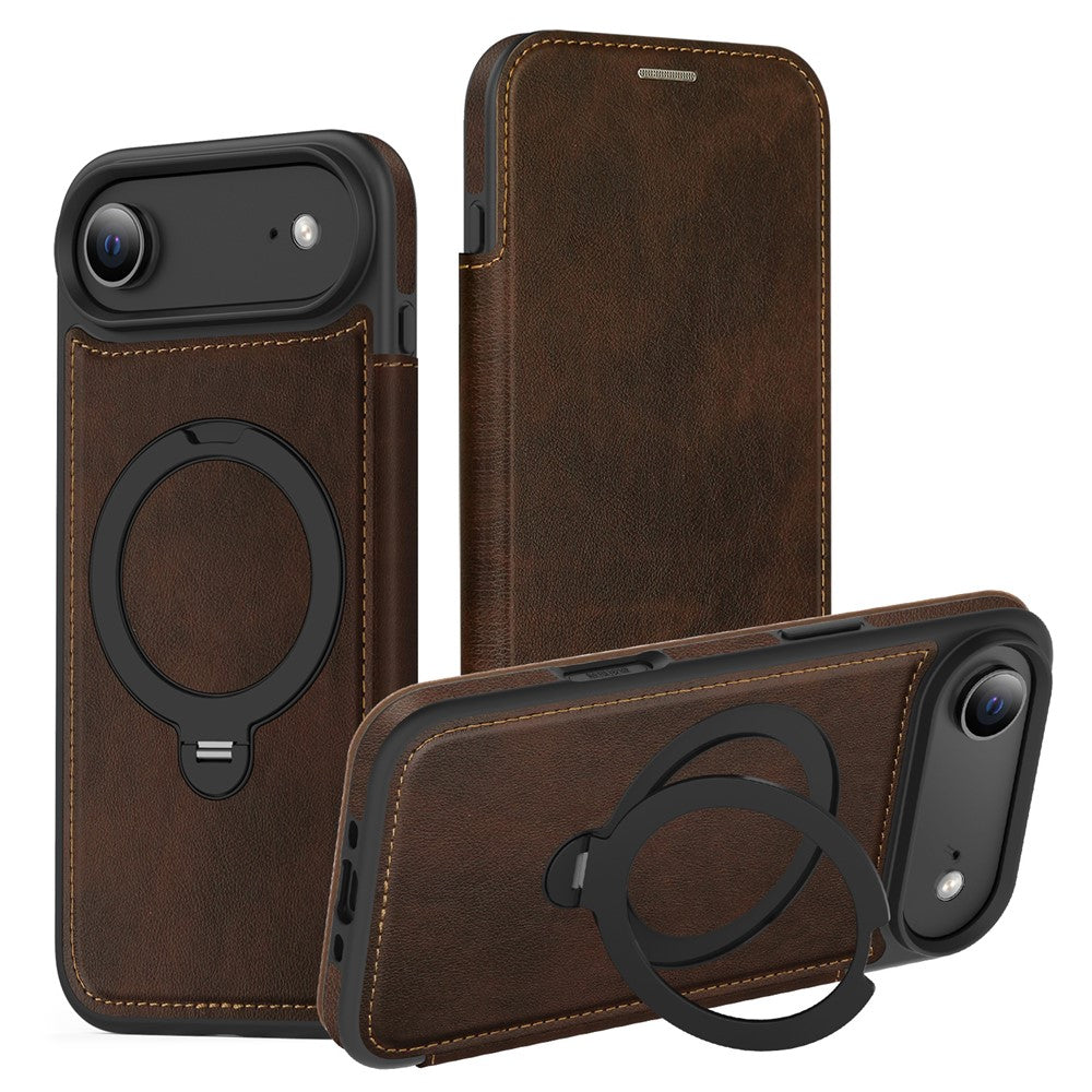 For iPhone Air Case Compatible with MagSafe RFID Blocking Leather Wallet Cover with Rotating Ring Kickstand