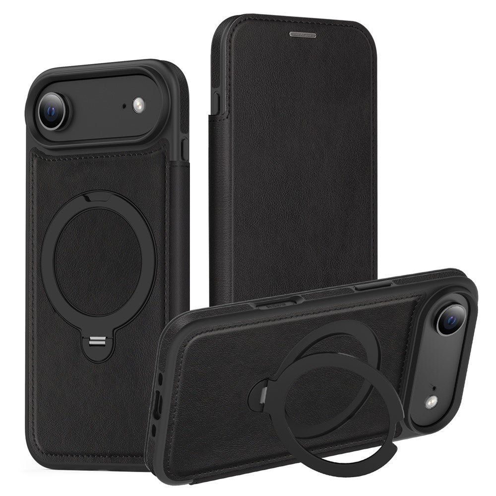 For iPhone Air Case Compatible with MagSafe RFID Blocking Leather Wallet Cover with Rotating Ring Kickstand