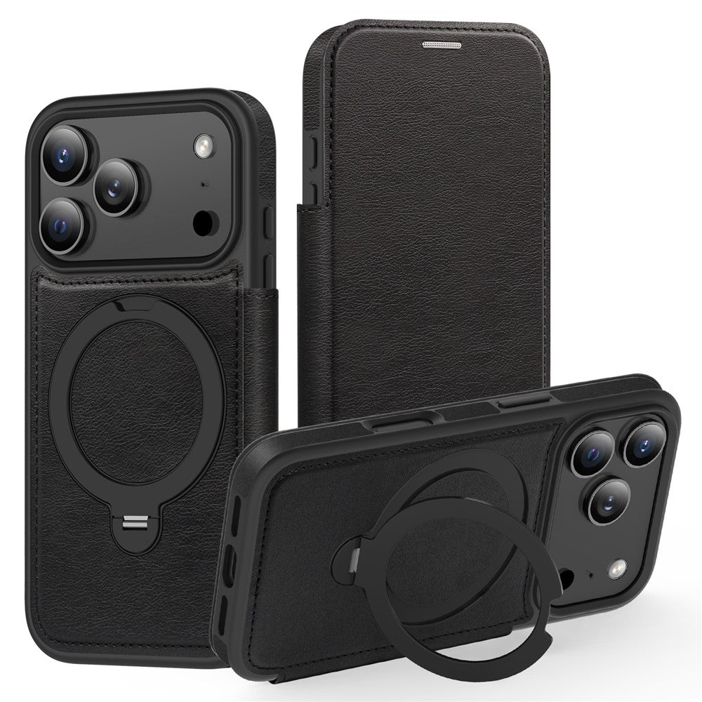 Étui portefeuille en cuir pour iPhone 17 Pro compatible MagSafe avec protection RFID et anneau de support rotatif