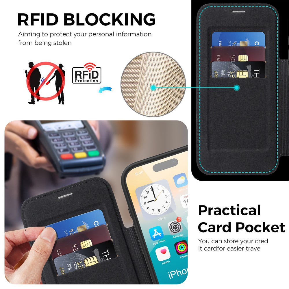 Étui portefeuille en cuir pour iPhone 17 Pro compatible MagSafe avec protection RFID et anneau de support rotatif