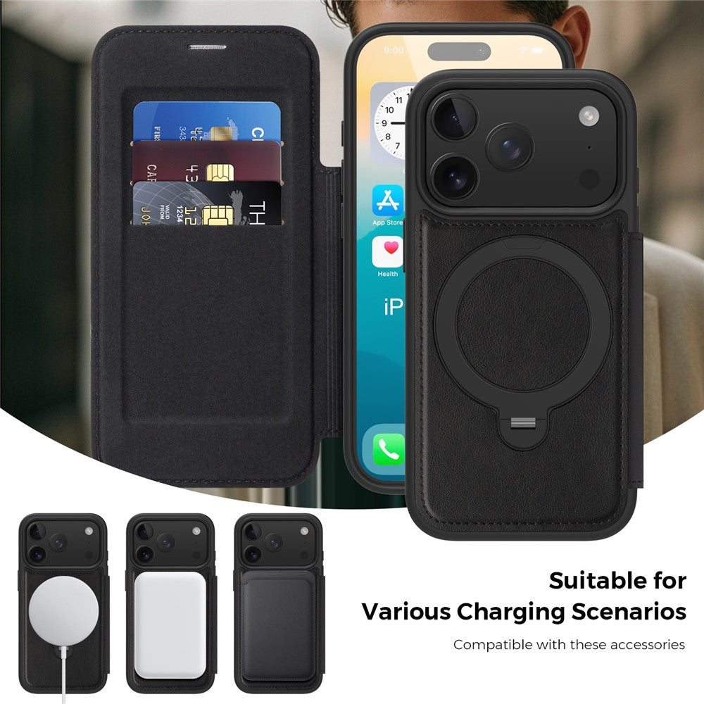 Étui portefeuille en cuir pour iPhone 17 Pro compatible MagSafe avec protection RFID et anneau de support rotatif