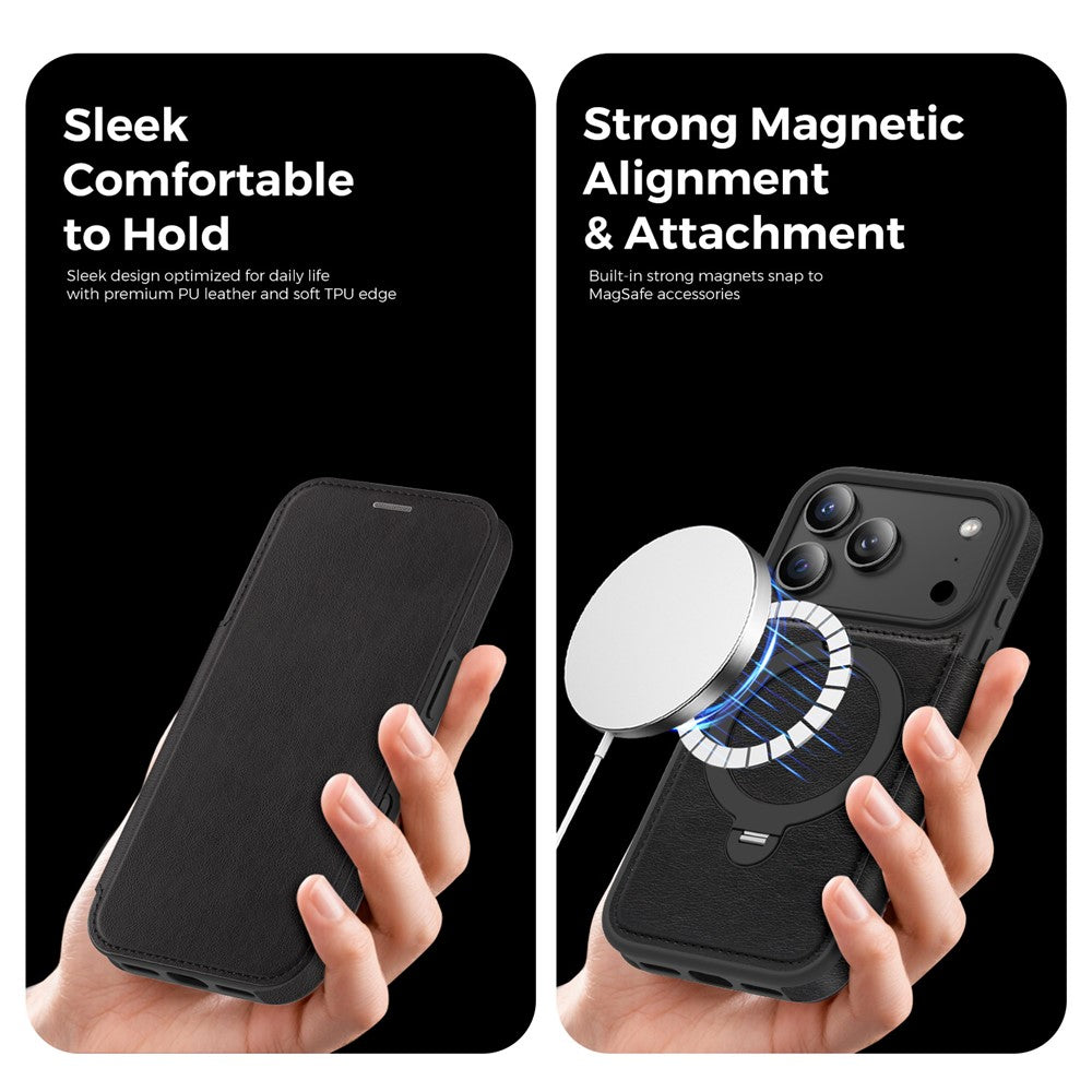 Étui portefeuille en cuir pour iPhone 17 Pro compatible MagSafe avec protection RFID et anneau de support rotatif