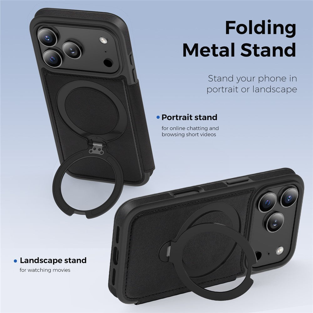 Étui portefeuille en cuir pour iPhone 17 Pro compatible MagSafe avec protection RFID et anneau de support rotatif