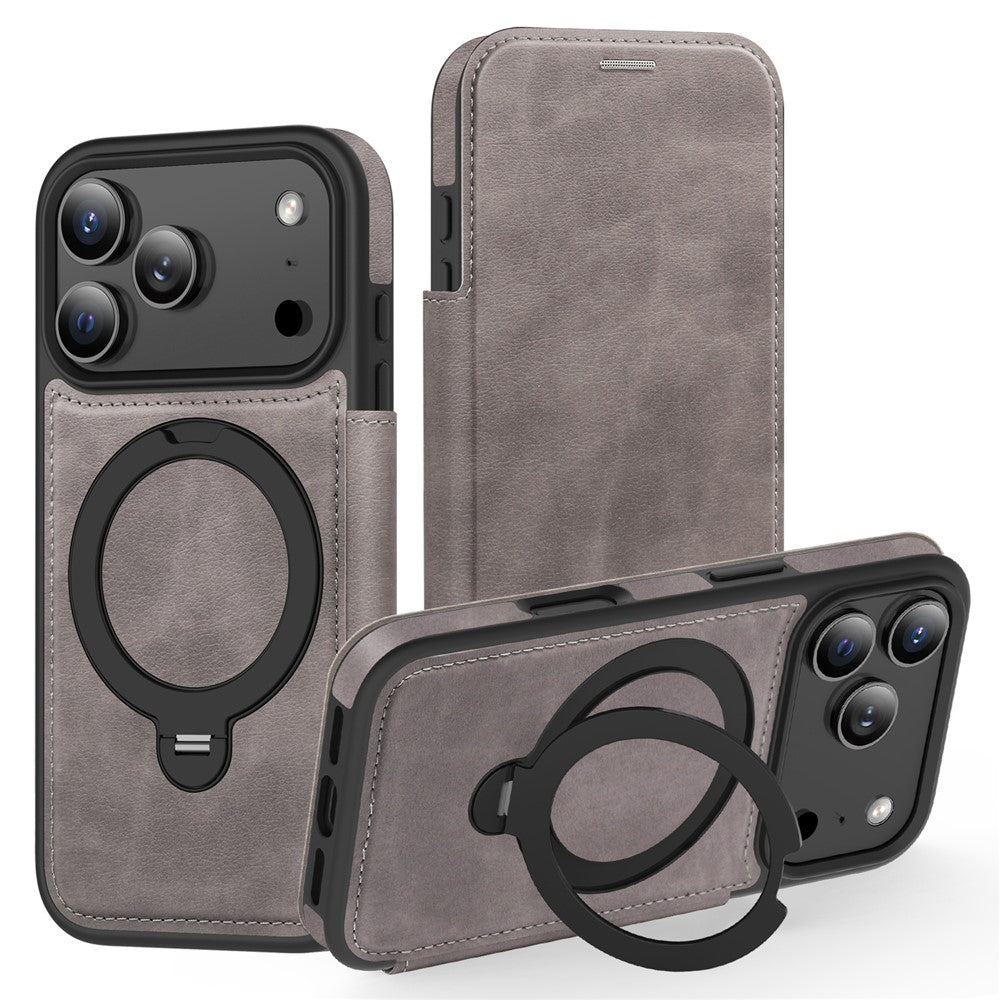 Étui portefeuille en cuir pour iPhone 17 Pro compatible MagSafe avec protection RFID et anneau de support rotatif