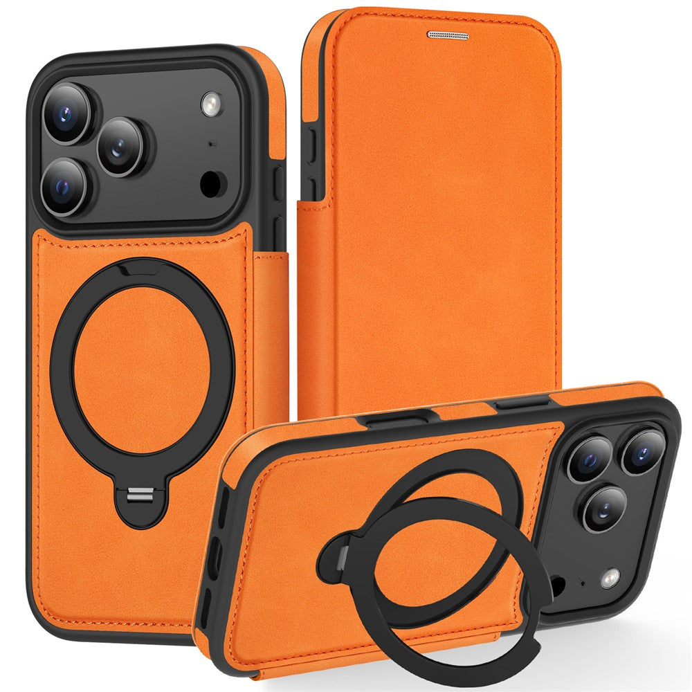 Étui portefeuille en cuir pour iPhone 17 Pro compatible MagSafe avec protection RFID et anneau de support rotatif