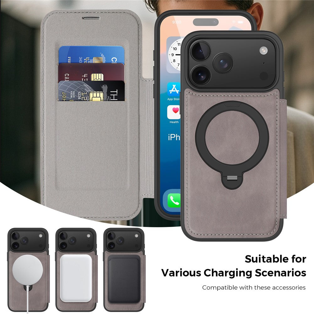 Étui portefeuille en cuir avec anneau rotatif et protection RFID pour iPhone 17 Pro Max, compatible MagSafe.