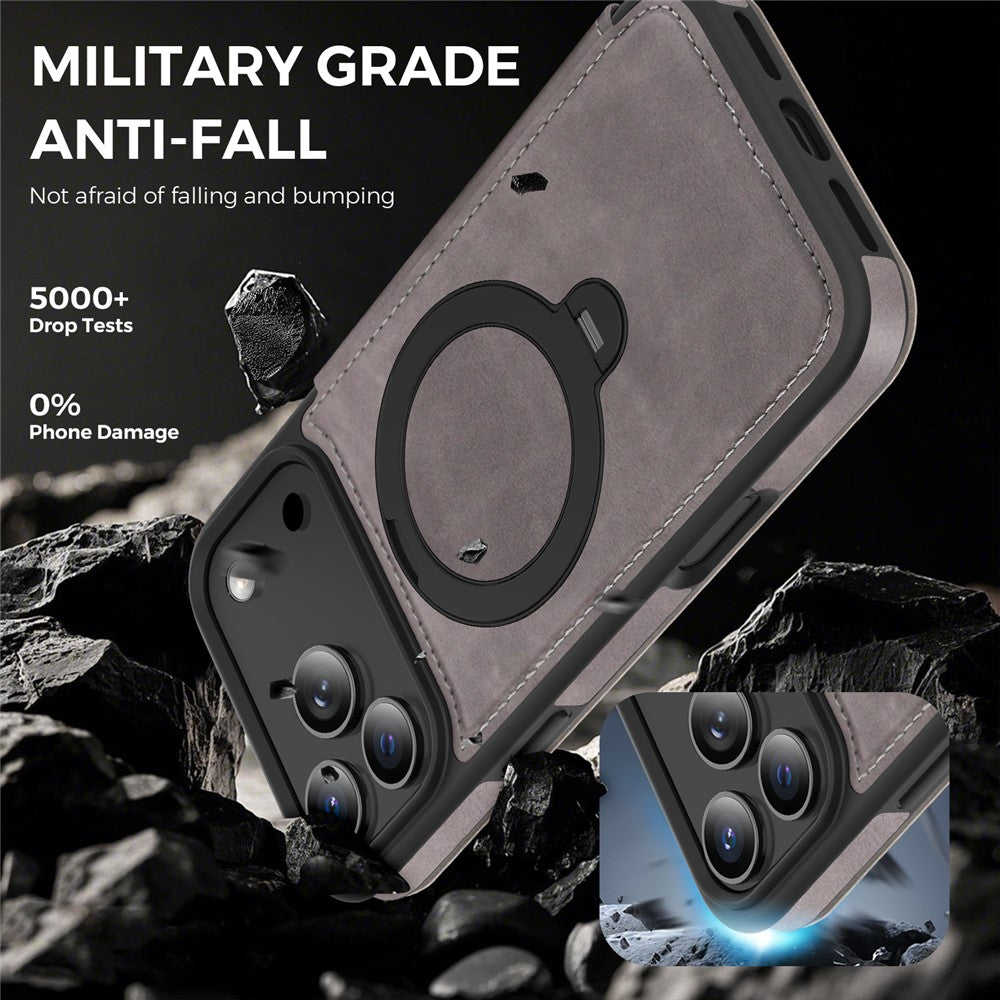 For iPhone 17 Pro Max Case Compatible with MagSafe RFID Blocking Leather Wallet Cover with Rotating Ring Kickstand