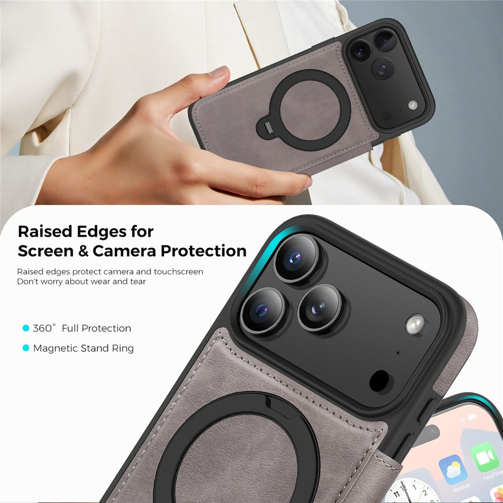 For iPhone 17 Pro Max Case Compatible with MagSafe RFID Blocking Leather Wallet Cover with Rotating Ring Kickstand