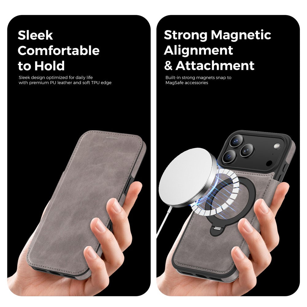 For iPhone 17 Pro Max Case Compatible with MagSafe RFID Blocking Leather Wallet Cover with Rotating Ring Kickstand