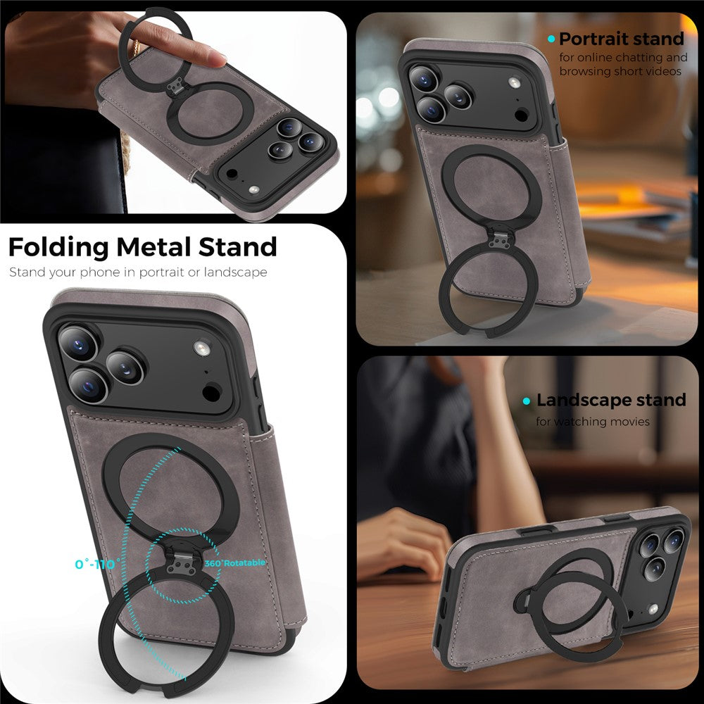 For iPhone 17 Pro Max Case Compatible with MagSafe RFID Blocking Leather Wallet Cover with Rotating Ring Kickstand