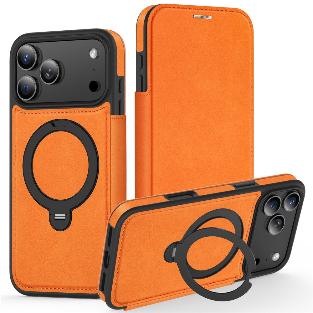 Étui portefeuille en cuir avec anneau rotatif et protection RFID pour iPhone 17 Pro Max, compatible MagSafe.