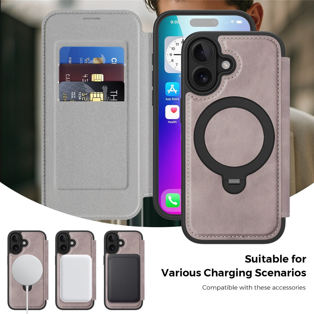 For iPhone 17 Case Compatible with MagSafe RFID Blocking Leather Wallet Cover with Rotating Ring Kickstand